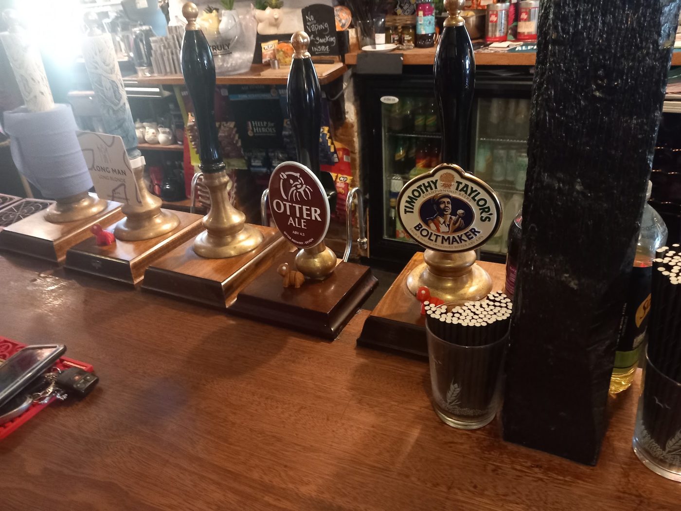 Hand pumps along the wooden bar